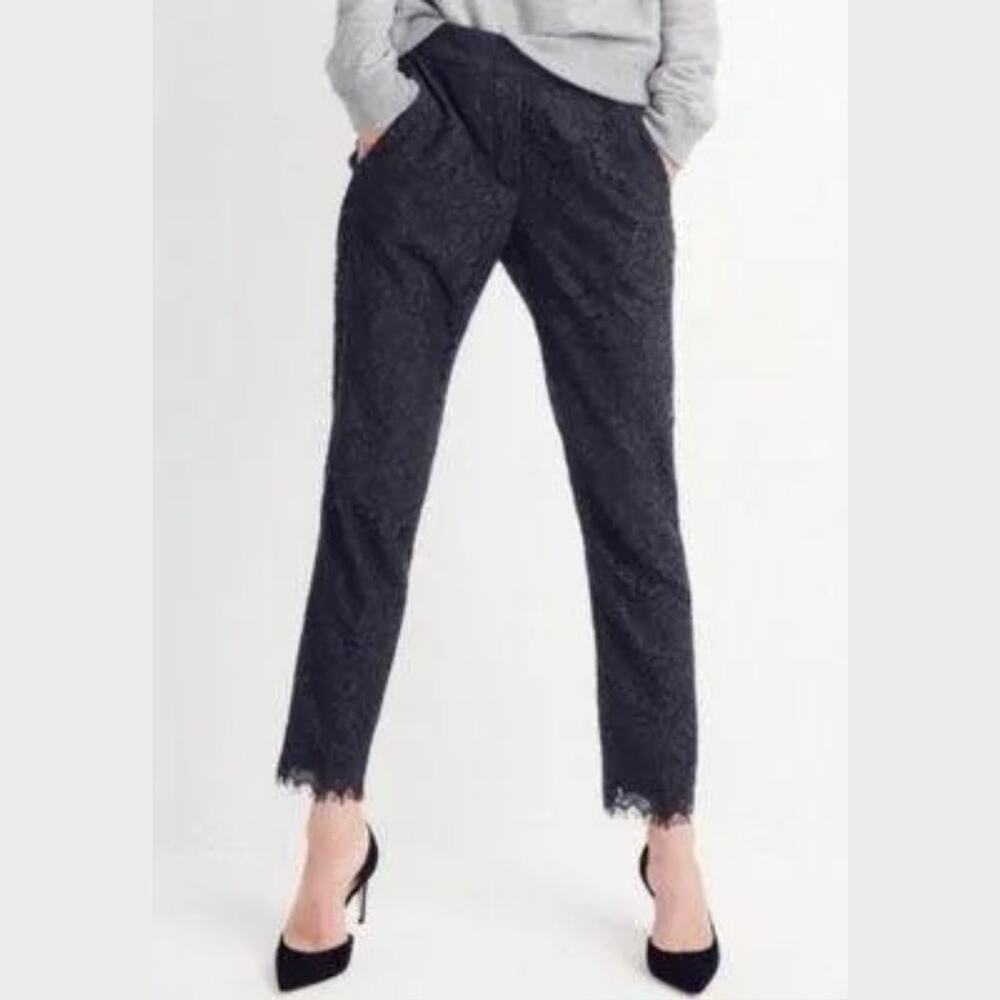 J CREW Black Lace Slim Pants Eyelet Scalloped Banded Waist Work Cocktail Career